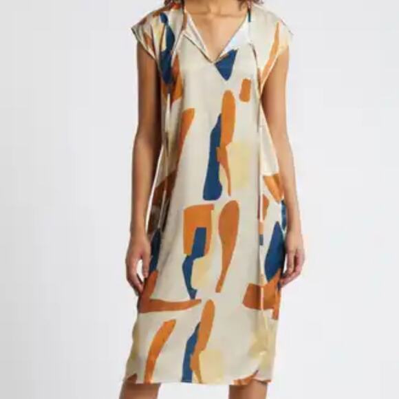 Diarrablu Fany Dress 2XL Plus Size Midi Geometric Print Peasant Tie Artsy Shift - Picture 2 of 12